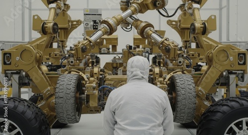 Technician in cleanroom suit inspecting rover vehicle chassis with robotic arms