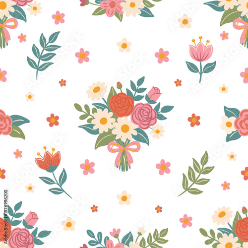 Seamless Pattern with Spring Flower Bouquets and Garden Blossoms