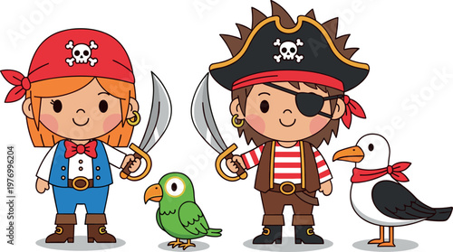 Cute Pirate Kids Cartoon Characters with Girl Boy Parrot and Seagull Holding Swords in Fun Adventure Theme for Children Illustration Design
