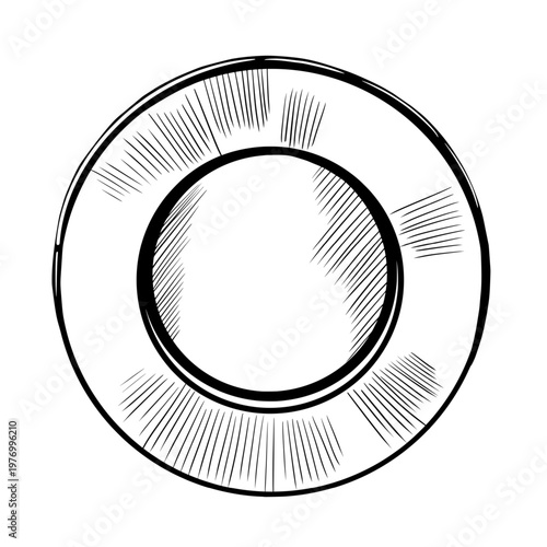 Dinner plate top view in minimalist black and white vector line art. Round ceramic dish for restaurant menu layout, kitchenware icon, porcelain tableware packaging and food serving graphics