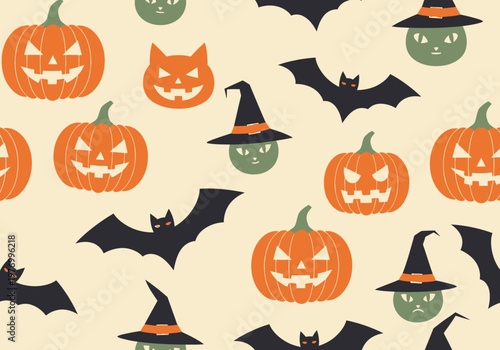 Seamless Halloween Pattern with Jack-o'-Lantern Pumpkins, Black Bats, and Green Witch Cats on Beige Background - Flat Vector Illustration for Festive Decor