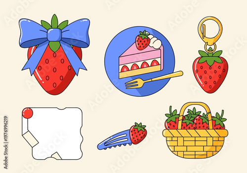 Kawaii Strawberry Sticker Collection - Cute Vector Illustrations of Berry Cake, Fruit Basket, Keychain, and Hair Accessories for Stationery Design