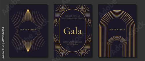 Luxury gala invitation card background vector. Golden elegant gradient gold line pattern on black and light background. Premium design illustration for wedding and vip cover template, grand opening.