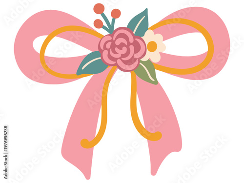 Elegant Pink Ribbon Bow with Rose and Floral Decoration