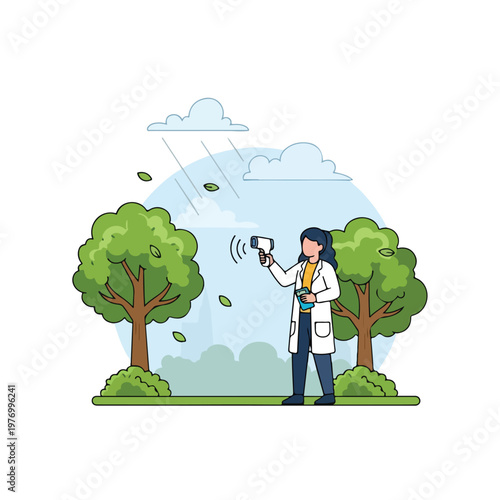 Vector illustration of a female environmental scientist in a white lab coat using a handheld sensor device to monitor trees and air quality in a park with clouds and city skyline.