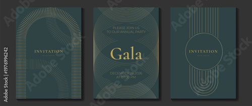 Luxury gala invitation card background vector. Golden elegant gradient gold line pattern on black and light background. Premium design illustration for wedding and vip cover template, grand opening.