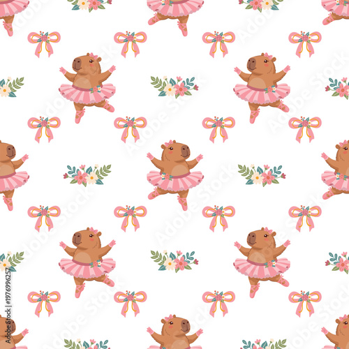 Cute Dancing Capybara Ballerina and Pink Bows Seamless Pattern