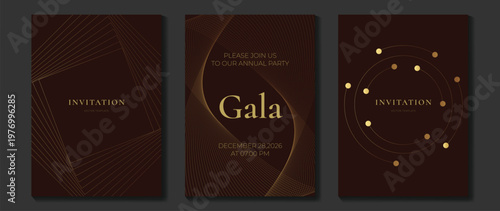 Luxury gala invitation card background vector. Golden elegant gradient gold line pattern on black and light background. Premium design illustration for wedding and vip cover template, grand opening.