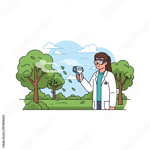 A female environmental scientist wearing a lab coat and safety goggles uses a handheld digital measurement tool on trees in a park setting under a cloudy blue sky.