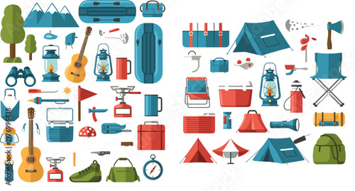 Outdoor Adventure Camping Gear Illustrations Featuring Tents, Backpacks, Lanterns, and Hiking Accessories for Travel and Exploration Designs