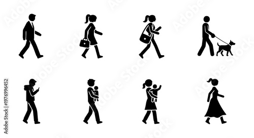 Walking people stick figure icons, 8 pedestrian silhouettes, vector set