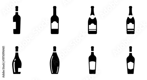 Wine bottle icon set, 8 black vector silhouettes, alcohol glass bottles
