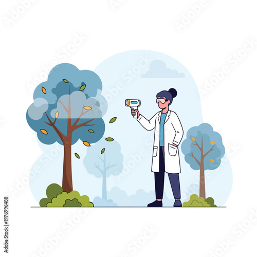 Flat 2D vector illustration of a female environmental scientist in a white lab coat using a handheld scanner device to analyze the health and air quality of trees in a forest.