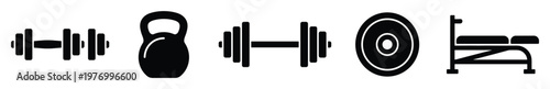 Fitness gym equipment collection featuring dumbbell kettlebell barbell weight plate and workout bench for health and strength training exercise programs and athletic lifestyle branding