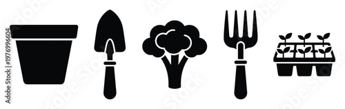 Collection of essential gardening tools and plant symbols including a pot trowel broccoli hand fork and plant seedling tray perfect for agriculture farming and hobby garden projects