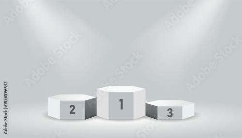 Hexagonal three tier winners podium with numbered platforms illuminated by overhead spotlights on a light gray background, symbolizing ranking, achievement, and competition results