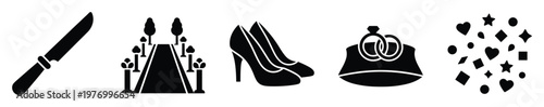Black silhouettes of essential wedding and celebration items including a formal knife, ceremonial aisle, womens high heels, diamond wedding rings, and festive confetti for event branding.