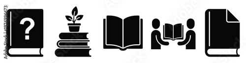 Set of book related icons depicting knowledge, education, study, and reading for various applications such as learning platforms, school projects, and literary content