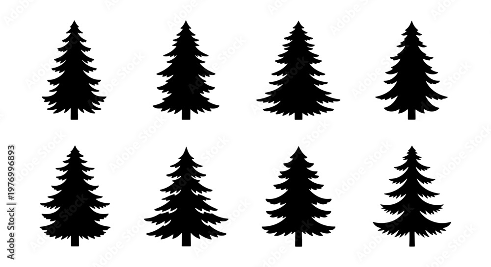 Obraz premium Pine tree silhouette collection, 8 evergreen conifer vectors, spruce icons