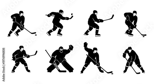 Ice hockey player silhouettes, 8 athlete vector icons, goalie and skaters