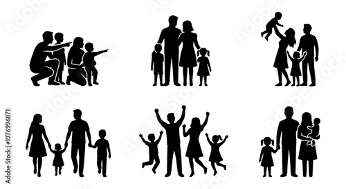 Family silhouette set, black parent and child icons, 6 vector elements