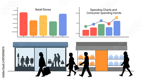People walking past retail stores with shopping charts and consumer spending trends graphs
