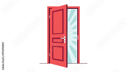 Open red door showing bright light inside isolated on white background for opportunity and success concept