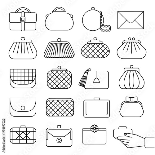 Collection of various handbags and purses in line art style on white background