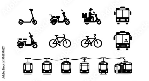 Urban transport icons, city vehicle vector set, black mobility symbols