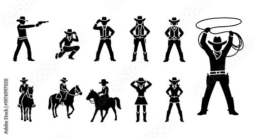 Cowboy silhouette vector set, western outlaw icons, 11 wild west figures