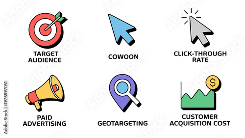 Digital marketing icons including target audience and customer acquisition cost