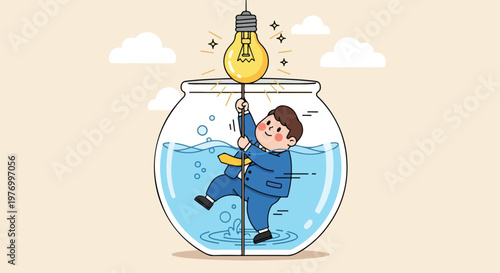 Young boy sitting inside a glass fishbowl filled with water and holding a small fishing rod, creating a whimsical