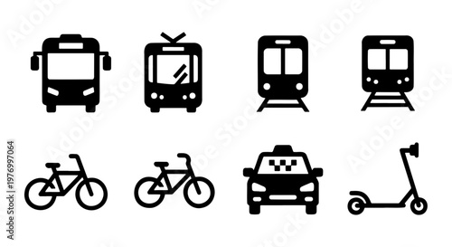 Public transport icons, 8 black vector symbols, city travel elements