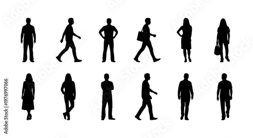 Black people silhouettes, 12 walking and standing human figures vector
