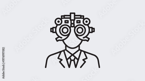 An optometrist wearing a phoropter to examine a patient's vision in a medical setting.