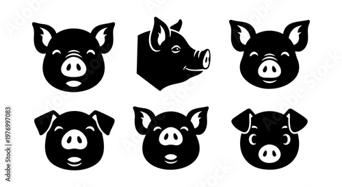 Pig head silhouette icons, 6 black swine vector set, farm animal logo design