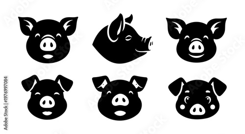 Pig head silhouette icons, 6 farm animal vector elements, black piglet logos