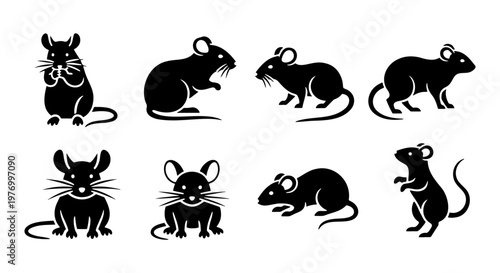 Black mouse silhouettes, 8 rat vector icons, rodent animal set for logo