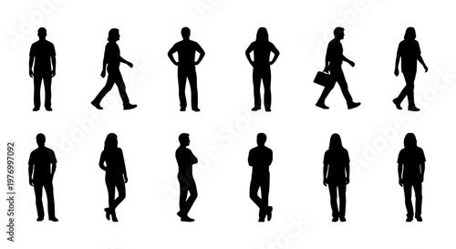 People silhouette vector set, walking and standing human figures, 12 icons