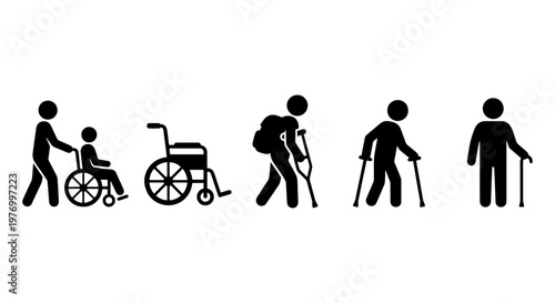 Disability icon set, wheelchair and crutches pictograms, mobility vector