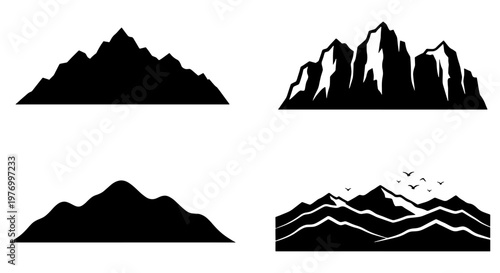Mountain silhouette set, black peak icons, outdoor adventure vector graphics