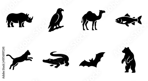Wild animal silhouette icons, 8 fauna vector set, black nature symbols