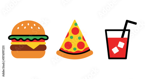 Delicious Fast Food Icons A Burger, Pizza Slice, and Soda Drink
