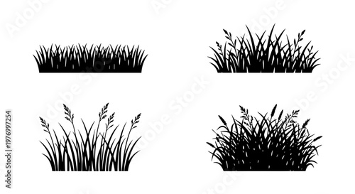 Black grass silhouette vector set, meadow plant tufts, wild lawn icons