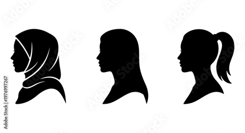 Female profile silhouettes, woman head icons, hijab and ponytail vector set