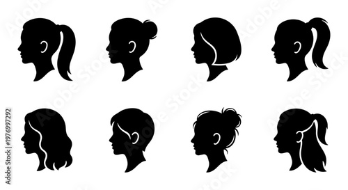 Woman hairstyle silhouette set, 8 female head profile icons, hair vector