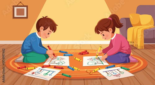 Two young children drawing and coloring on the floor with crayons and paper