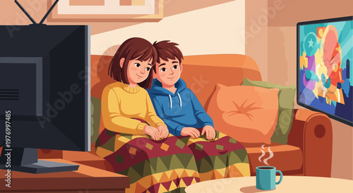 Young couple enjoying a cozy evening together on the couch.