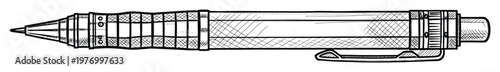 Hand drawn black outline sketch of a versatile writing instrument with a textured grip suitable for use in school and office stationery supply catalogs or graphic resource applications