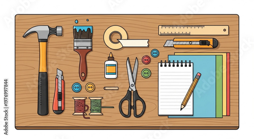 Crafting and DIY tools laid out on a wooden surface including scissors glue paintbrushes and paper for creative projects flat design illustration